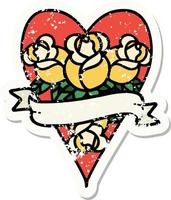 distressed sticker tattoo in traditional style of a heart and banner with flowers vector