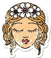 distressed sticker tattoo in traditional style of a maidens face vector