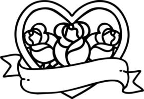 tattoo in black line style of a heart and banner with flowers vector