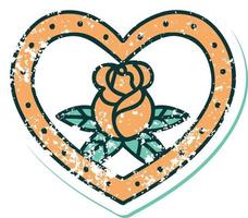 iconic distressed sticker tattoo style image of a heart and flowers vector