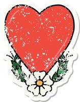 distressed sticker tattoo in traditional style of a heart and flower vector