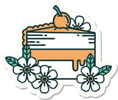 pegatina de tatuaje al estilo tradicional de un trozo de tarta y flores vector