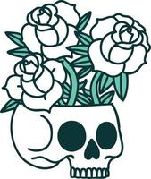 imagen icónica de estilo tatuaje de una calavera y rosas vector