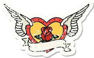 distressed sticker tattoo in traditional style of a flying heart with flowers and banner vector