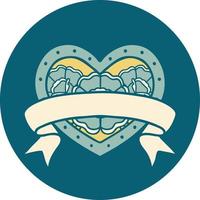 iconic tattoo style image of a heart and banner with flowers vector