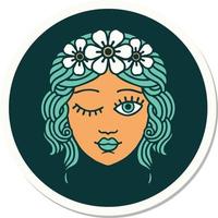 sticker of tattoo in traditional style of a maidens face winking vector