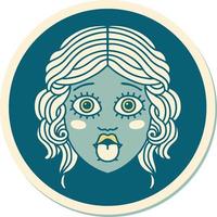 sticker of tattoo in traditional style of female face sticking out tongue vector