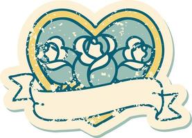icónica imagen de estilo de tatuaje de pegatina angustiada de un corazón y pancarta con flores vector