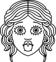 tattoo in black line style of female face sticking out tongue vector