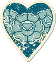 iconic distressed sticker tattoo style image of a heart and flowers vector