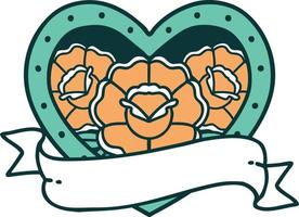 iconic tattoo style image of a heart and banner with flowers vector