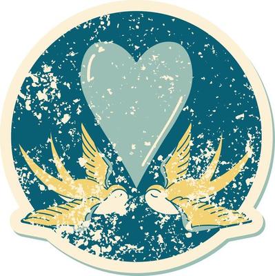 iconic distressed sticker tattoo style image of swallows and a heart