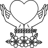 tattoo in black line style of tied hands and a heart vector