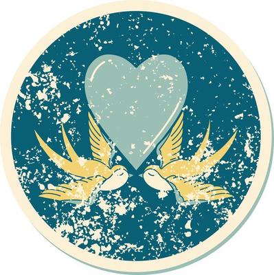 iconic distressed sticker tattoo style image of swallows and a heart