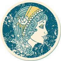 iconic distressed sticker tattoo style image of a gypsy head vector