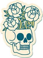 pegatina de tatuaje al estilo tradicional de una calavera y rosas vector