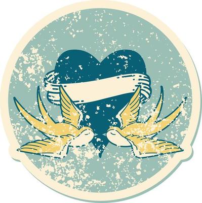 iconic distressed sticker tattoo style image of swallows and a heart with banner