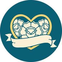 iconic tattoo style image of a heart and banner with flowers vector