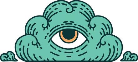 imagen icónica de estilo tatuaje de una nube de ojos que todo lo ve vector