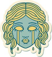 sticker of tattoo in traditional style of female face crying vector