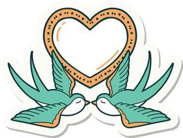 sticker of tattoo in traditional style of swallows and a heart vector