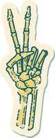 iconic distressed sticker tattoo style image of a skeleton giving a peace sign vector