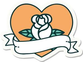 sticker of tattoo in traditional style of a heart rose and banner vector