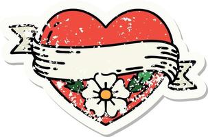 distressed sticker tattoo in traditional style of a heart and banner with flowers vector