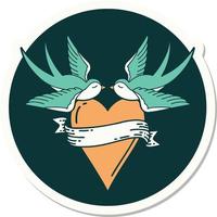 sticker of tattoo in traditional style of swallows and a heart with banner vector