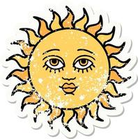 distressed sticker tattoo in traditional style of a sun with face vector