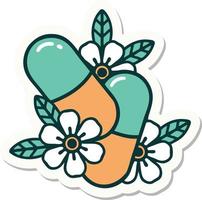 sticker of tattoo in traditional style of pills and flowers vector