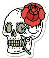 pegatina de tatuaje al estilo tradicional de una calavera y una rosa vector