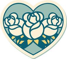 sticker of tattoo in traditional style of a heart and flowers vector