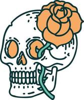 imagen icónica de estilo tatuaje de una calavera y una rosa vector