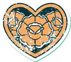 iconic distressed sticker tattoo style image of a heart and flowers vector