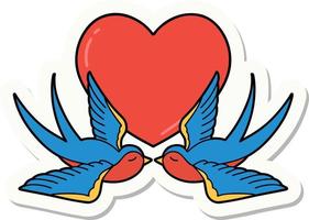 sticker of tattoo in traditional style of swallows and a heart vector