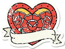 distressed sticker tattoo in traditional style of a heart and banner with flowers vector