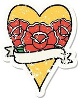 distressed sticker tattoo in traditional style of a heart and banner with flowers vector