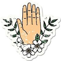 distressed sticker tattoo in traditional style of a hand and flower vector