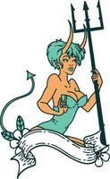 iconic tattoo style image of a pinup devil girl with banner vector