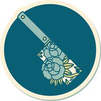 sticker of tattoo in traditional style of a cleaver and flowers vector
