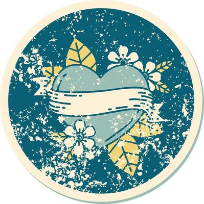 iconic distressed sticker tattoo style image of a heart and banner