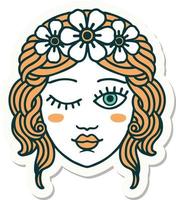 sticker of tattoo in traditional style of a maidens face winking vector