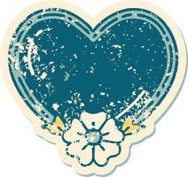 iconic distressed sticker tattoo style image of a heart and flower vector