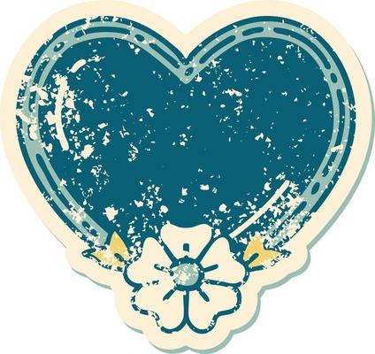 iconic distressed sticker tattoo style image of a heart and flower