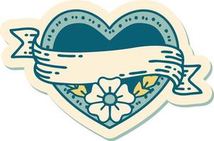 sticker of tattoo in traditional style of a heart and banner with flowers vector