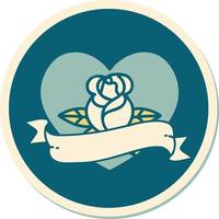 sticker of tattoo in traditional style of a heart rose and banner vector