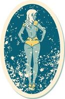 distressed sticker tattoo in traditional style of a pinup swimsuit girl vector