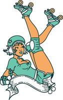 tattoo in traditional style of a pinup roller derby girl with banner vector