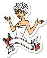 sticker of tattoo in traditional style of a pinup girl in towel with banner vector